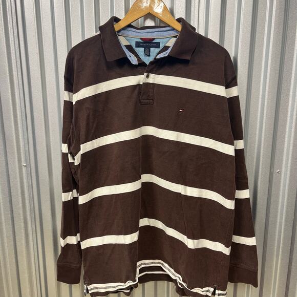 VTG Y2K Tommy Hilfiger Brown and Cream Striped Long Sleeve Polo Shirt SZ XL - Picture 1 of 4